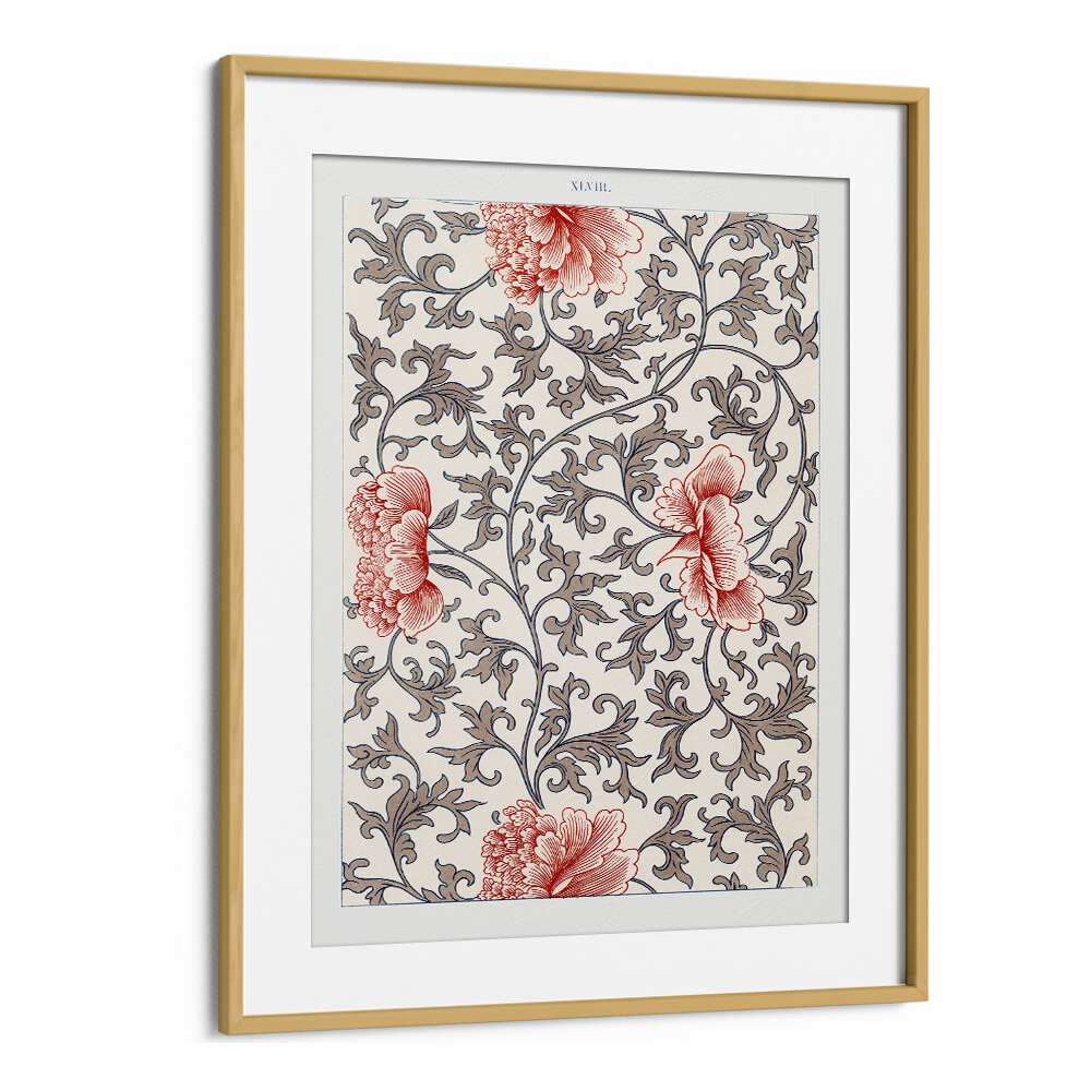 Damask Floral  Botanical Flower Paintings Artwork in Oak Wood Frame With Mount