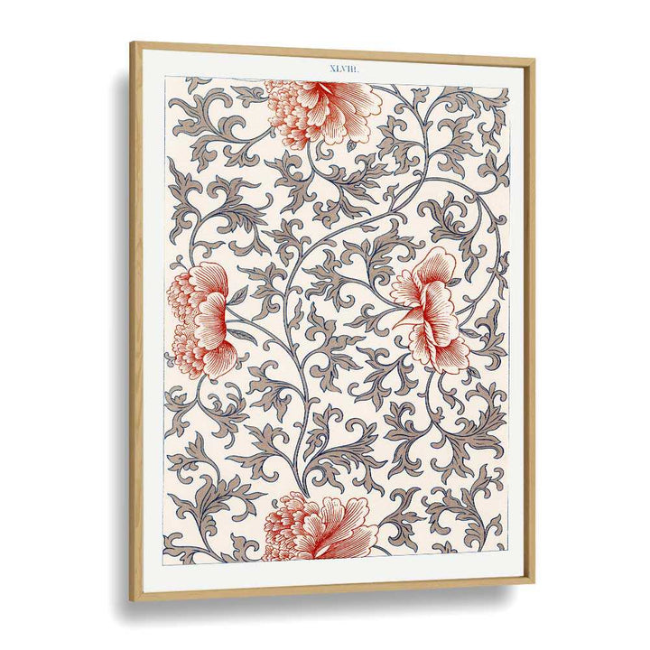 Damask Floral  Botanical Flower Paintings Artwork in Oak Wood Plain Frame