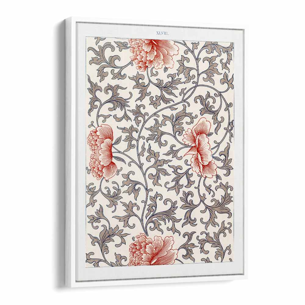 Damask Floral  Botanical Flower Paintings Artwork  in White Floater Frame