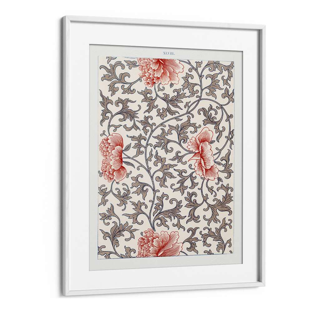 Damask Floral  Botanical Flower Paintings Paintings Artwork  in White frame With Mount