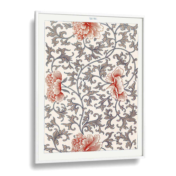 Damask Floral  Botanical Flower Paintings Artwork  in White Plain Frame