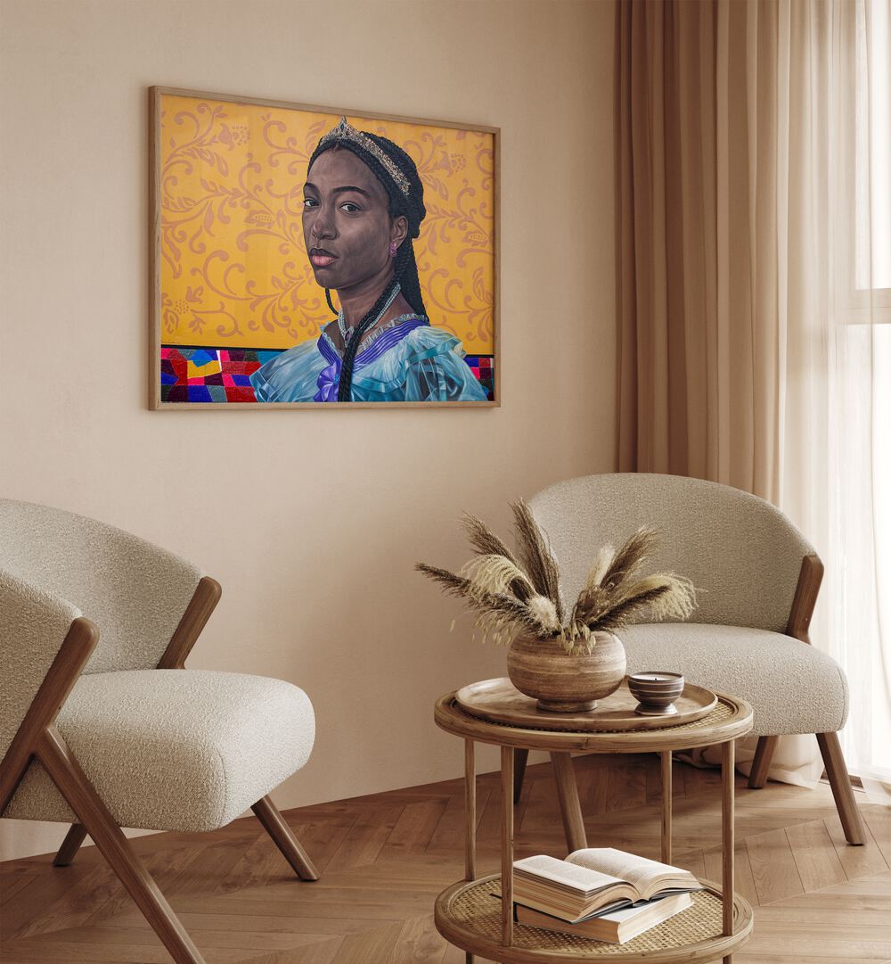 Damilare Jamiu - Figurative African Art Painting Artwork in plain oakwood frame behind chairs on a beige colour wall