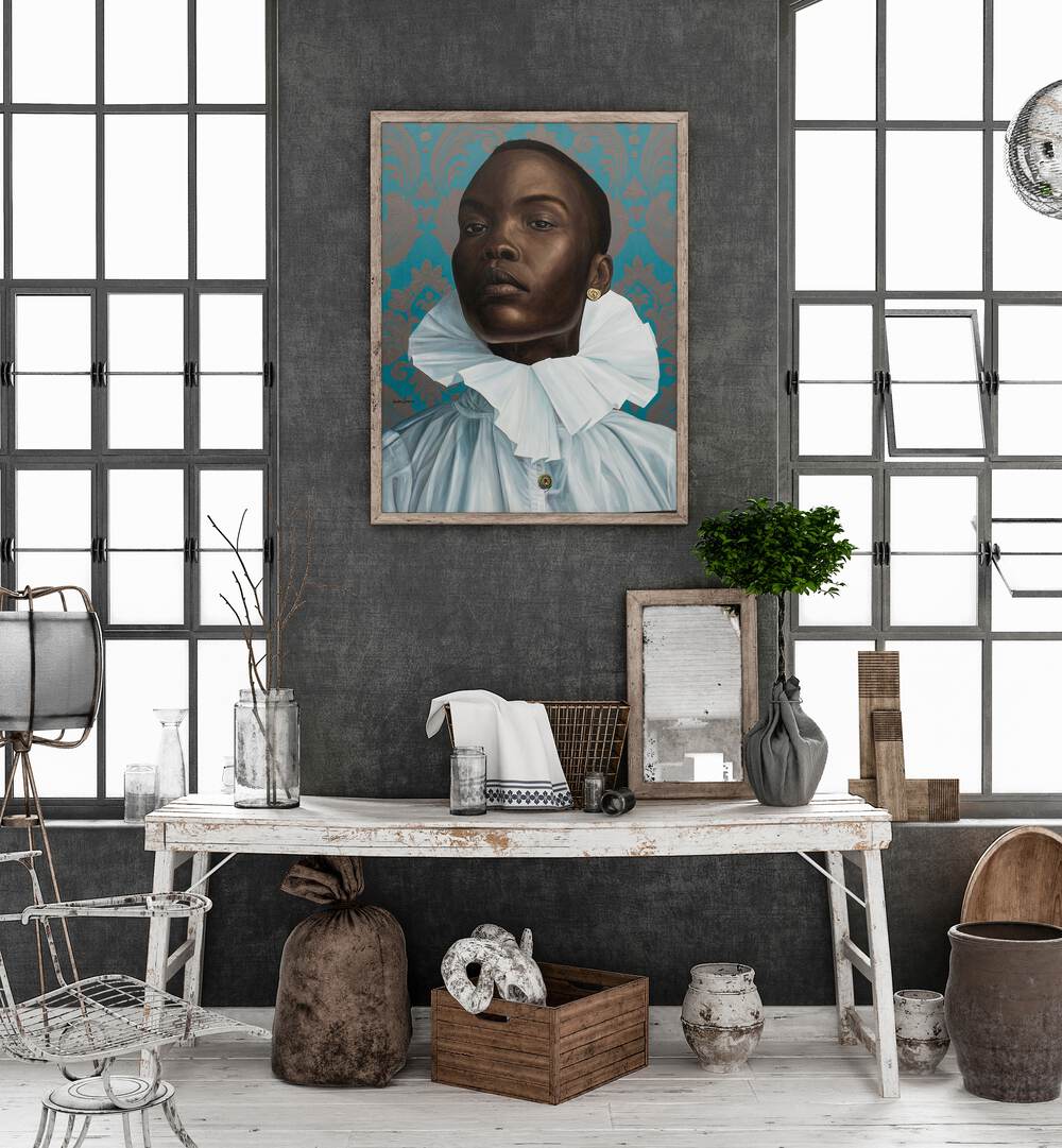 Damilare Jamiu - Imperial Dignity African Art Painting Artwork in plain oakwood frame above a table on grey wall