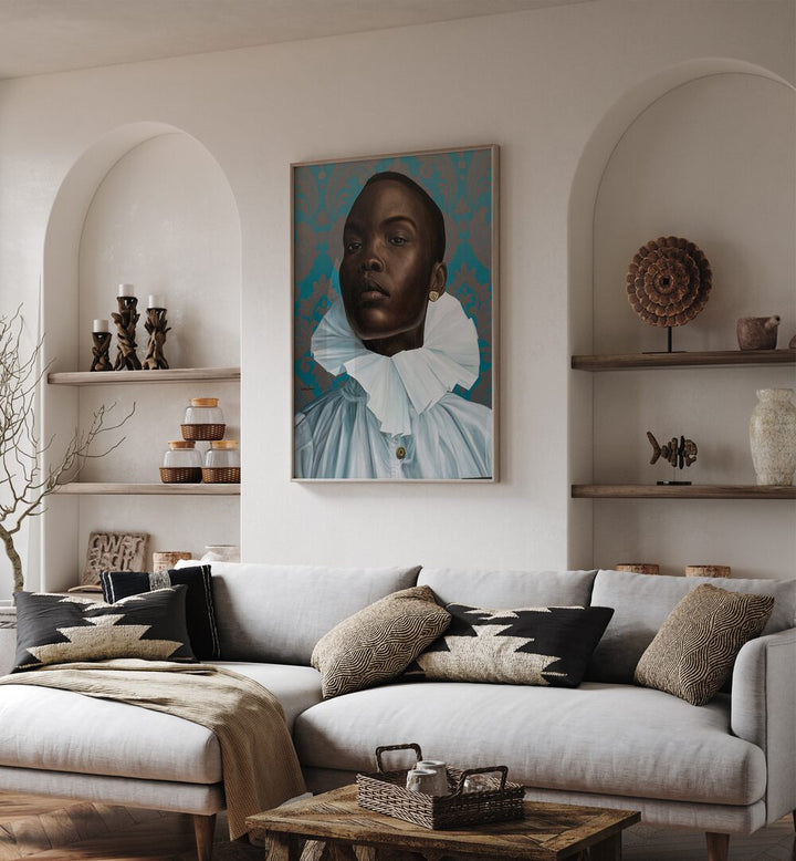 Damilare Jamiu - Imperial Dignity African Art Painting Artwork in plain oakwood frame behind a sofa on a white colour wall for living room