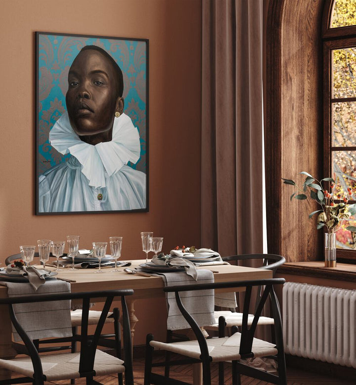 Damilare Jamiu - Imperial Dignity African Art Painting Artwork in plain black frame on orange colour wall for dining area