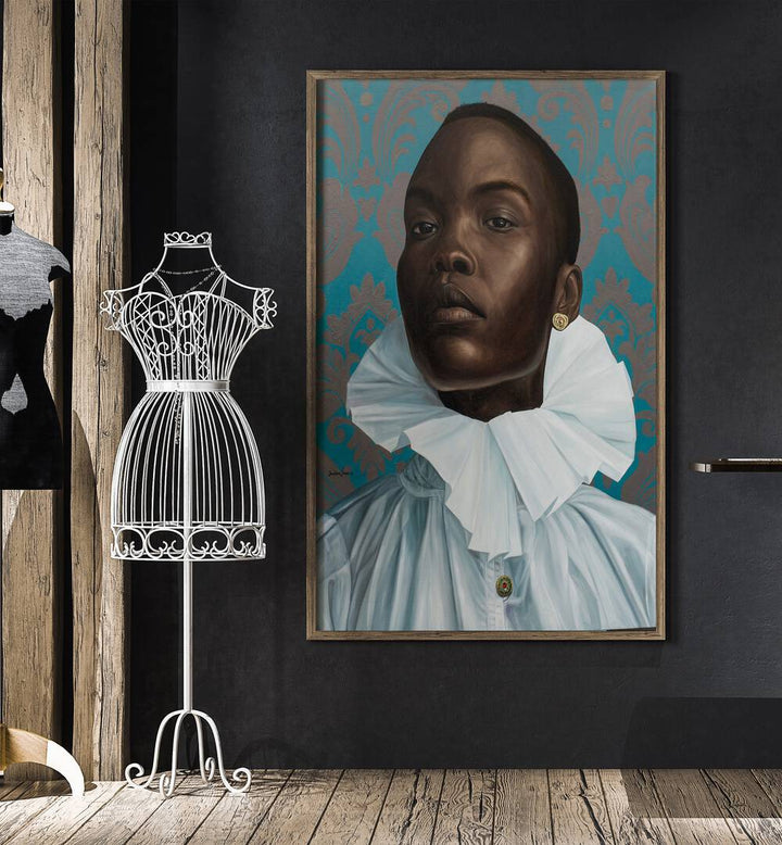 Damilare Jamiu - Imperial Dignity African Art Painting Artwork in plain oakwood frame beside a mannequin hanger on a grey colour wall 