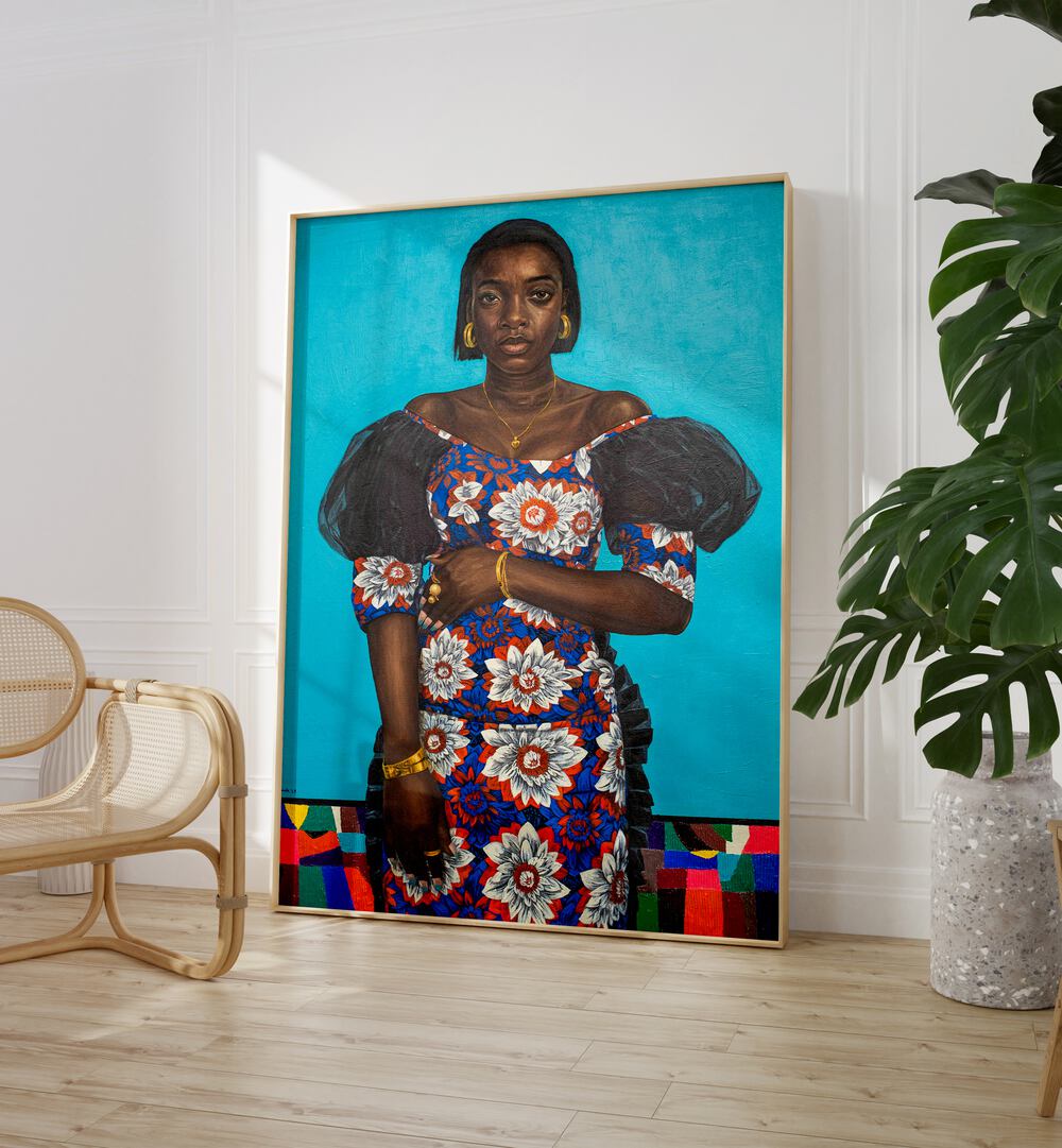 Damilare Jamiu - Oil Paint African Art Painting Artwork in plain oakwood frame next to a chair