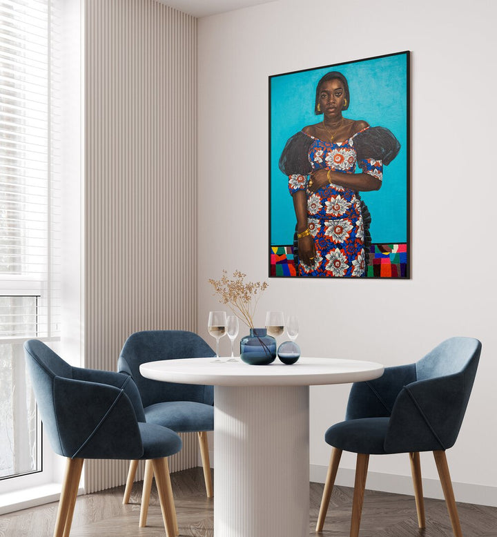 Damilare Jamiu - Oil Paint African Art Painting Artwork in plain black frame on white wall for dining area