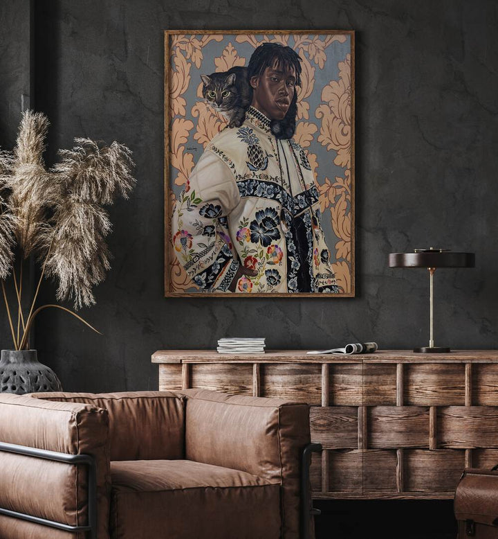 Damilare Jamiu One Kodak - Moment African Art Painting Artwork in plain oakwood frame above a console table behind a sofa