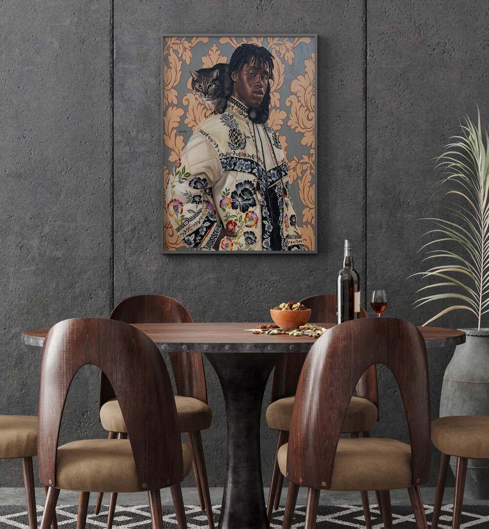 Damilare Jamiu One Kodak - Moment African Art Painting Artwork in plain black frame on grey colour wall for dining area