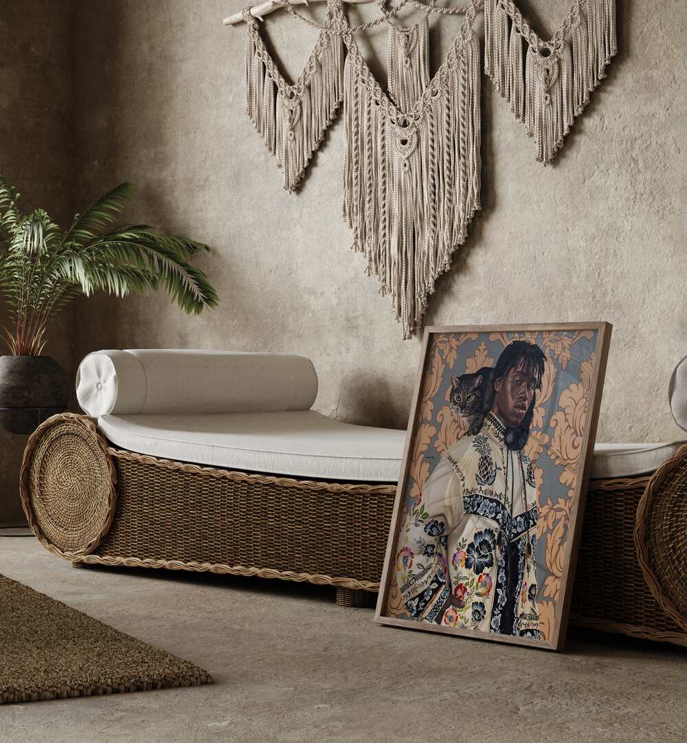 Damilare Jamiu One Kodak - Moment African Art Painting Artwork in plain oakwood frame beside a sofa