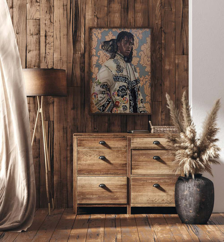 Damilare Jamiu One Kodak - Moment African Art Painting Artwork in plain oakwood frame above a console table next to a lamp