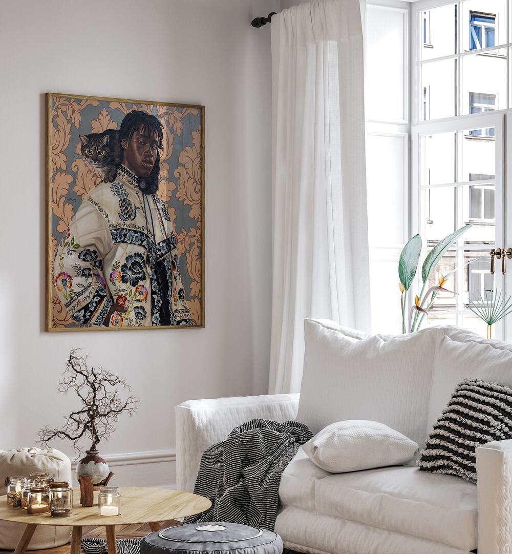 Damilare Jamiu One Kodak - Moment African Art Painting Artwork in plain oakwood frame on a white colour wall beside a sofa