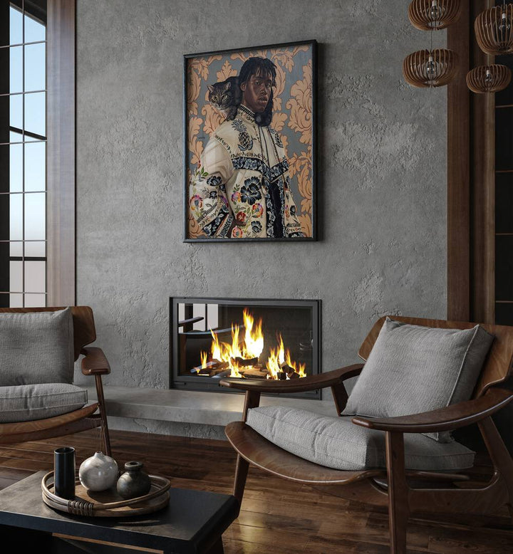 Damilare Jamiu One Kodak - Moment African Art Painting Artwork in plain black frame above a fire place behind two chairs 