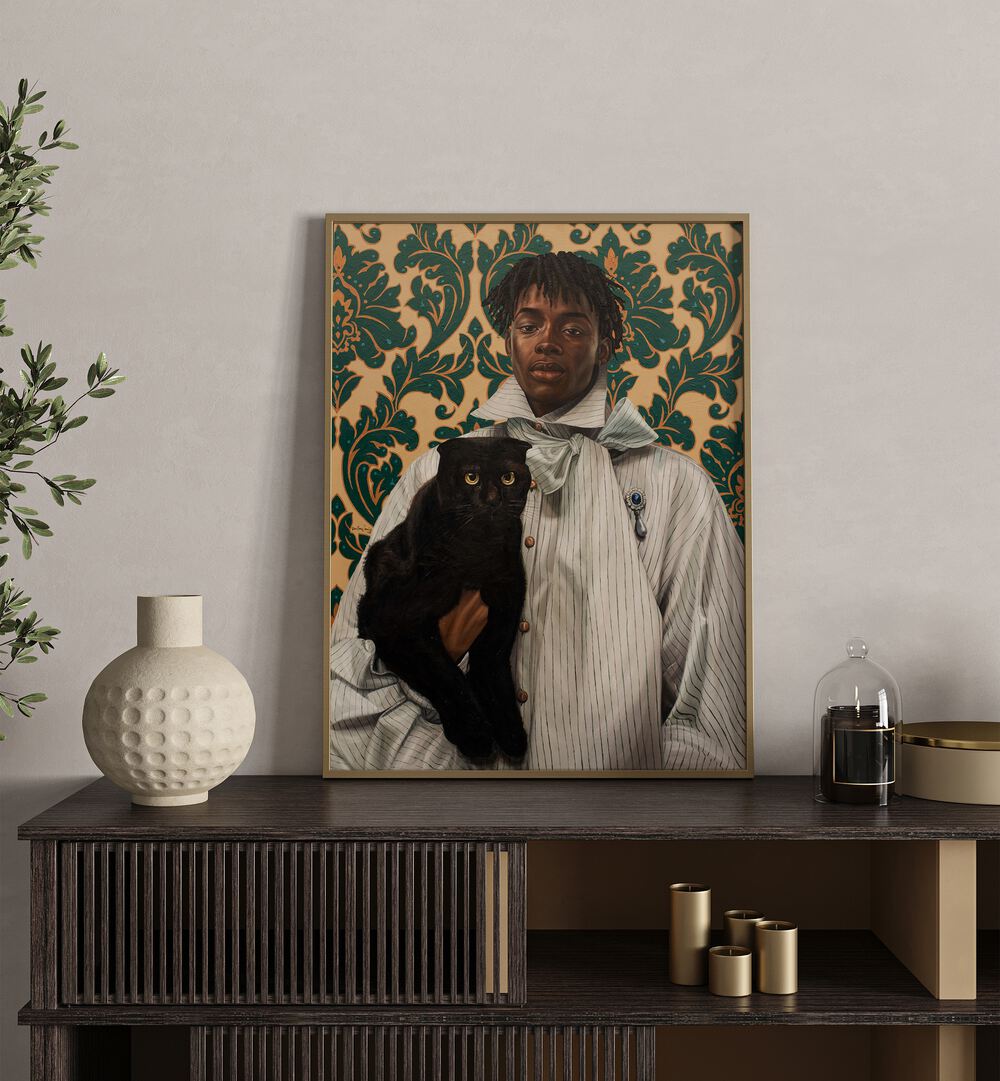 Damilare Jamiu - Shared Tenderness African Art Painting Artwork in oakwood plain frame on a console table beside a candle 