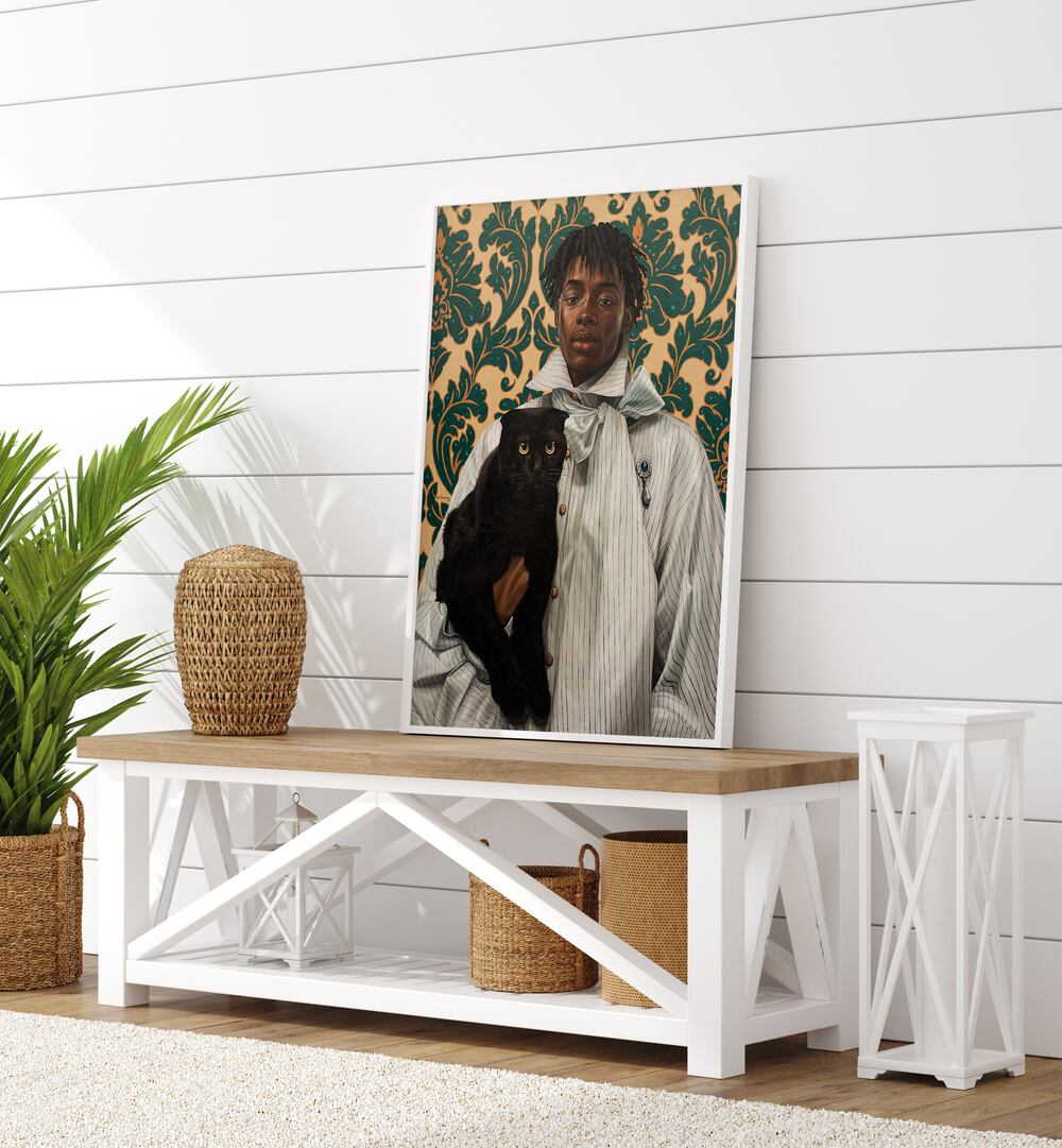 Damilare Jamiu - Shared Tenderness African Art Painting Artwork in plain white frame on a table beside a plant