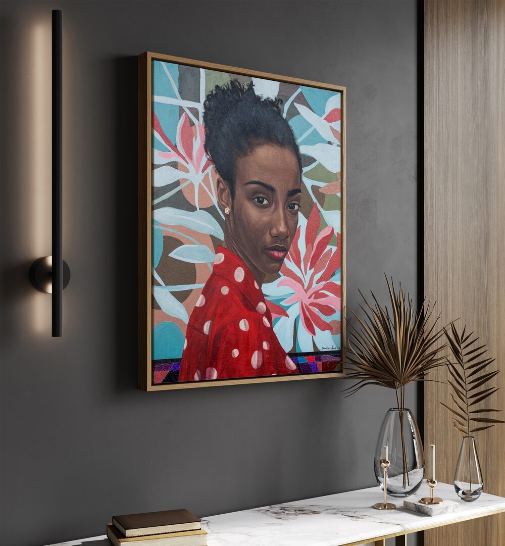 Damilare Jamiu - Woman African Art Painting Artwork in gold floater frame above a table on a black colour wall