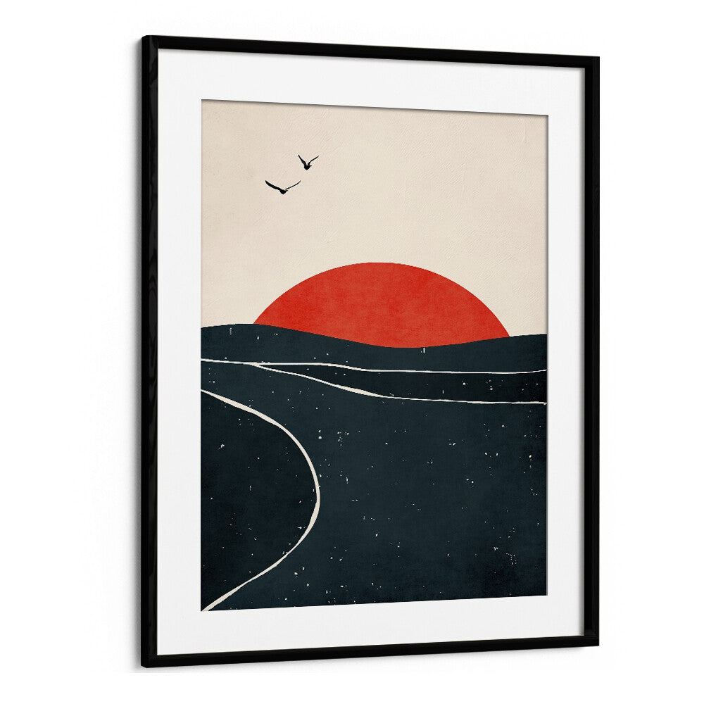 Dancing seagulls Landscape Art Artwork in Black Frame With Mount