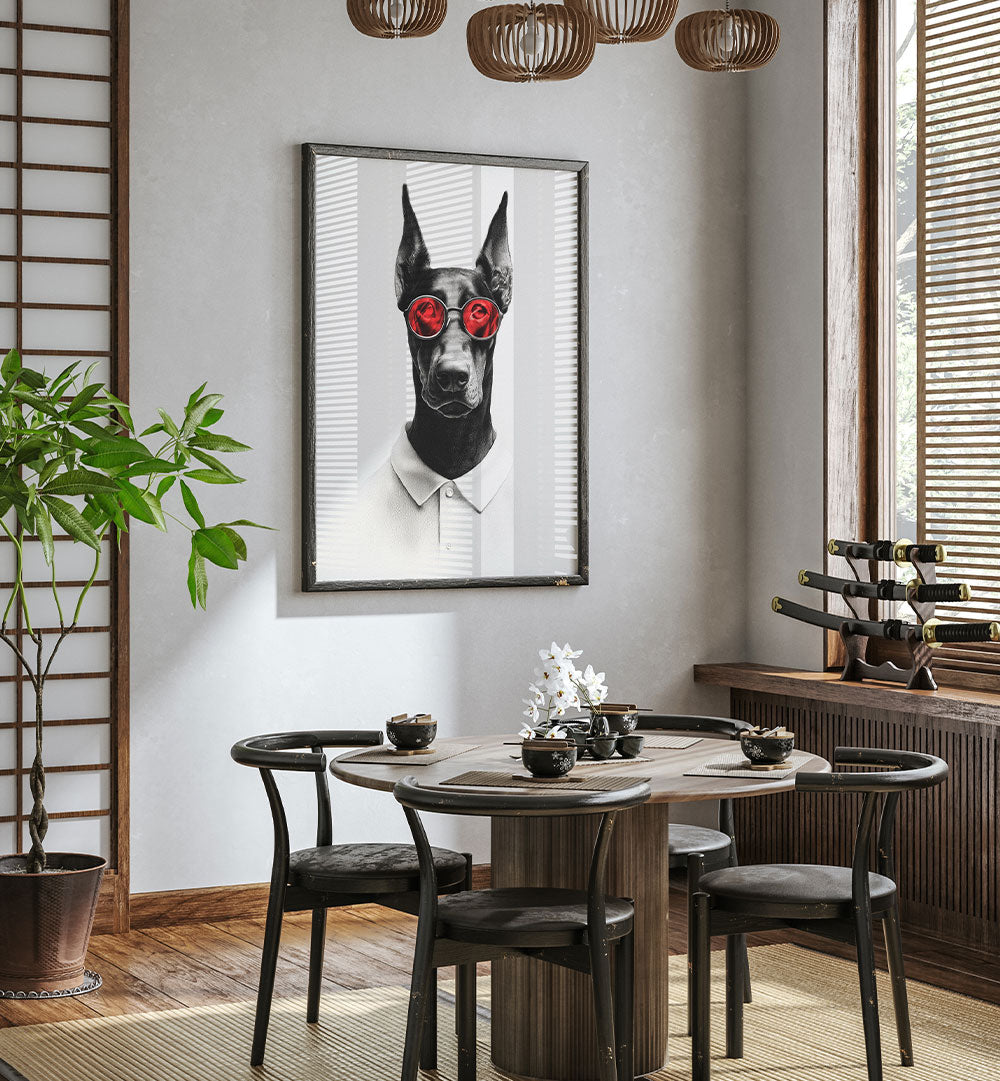 DAPPER DOBERMAN WITH RED GLASSES