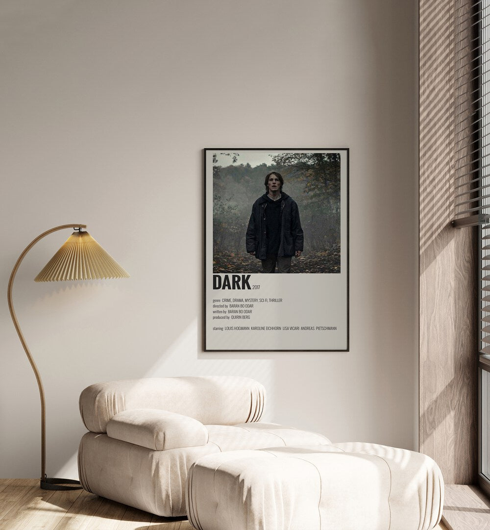 Dark Movie Posters in Black Plain Frame  placed on a white wall beside a window and behind a sofa