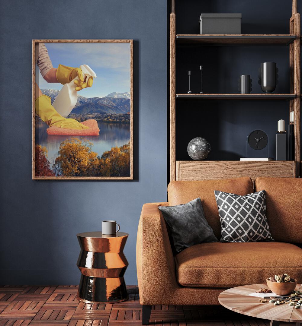 Deep Clean Lake Surreal Painting, Surreal Art Artwork in Oak Wood Plain Frame placed on a Blue Wall in the Living Room