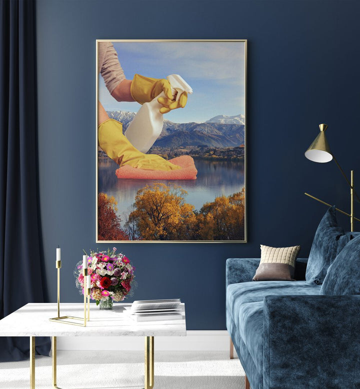 Deep Clean Lake Surreal Painting, Surreal Art Artwork in Gold Plain Frame placed on a Blue Wall in the Living Room