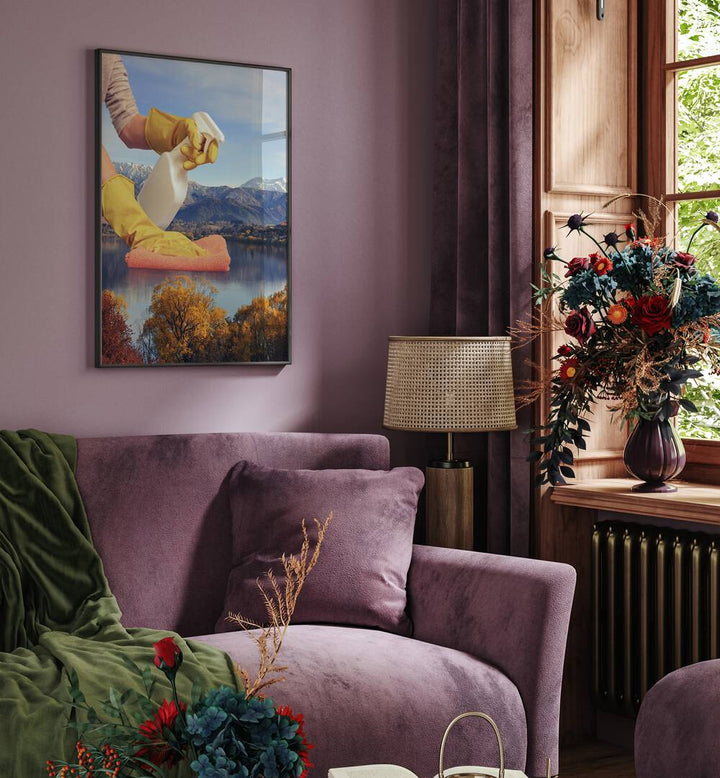 Deep Clean Lake Surreal Painting, Surreal Art Artwork in Black Plain Frame placed on a Purple Wall in the Living Room