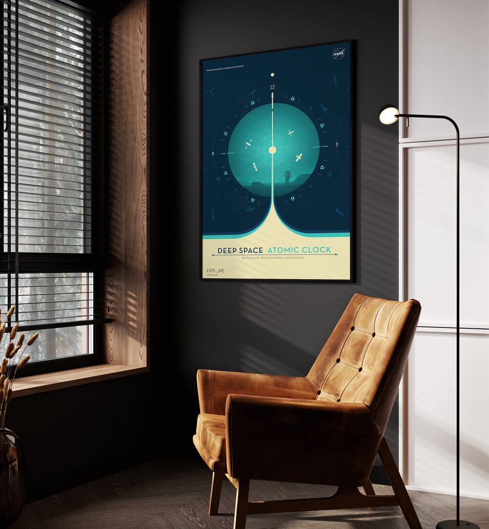 Deep Space Atomic Clock - Blue Astronaut & Nasa Paintings, Space Art Prints Artwork in Black Plain Frame placed on a Grey Colored Wall in the Drawing Room


