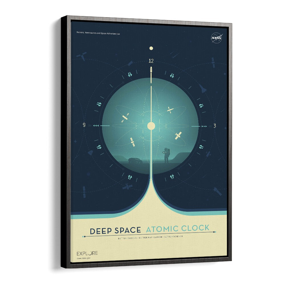 Deep Space Atomic Clock - Blue Astronaut & Nasa Paintings, Space Art Prints Artwork in Black Floater Frame
