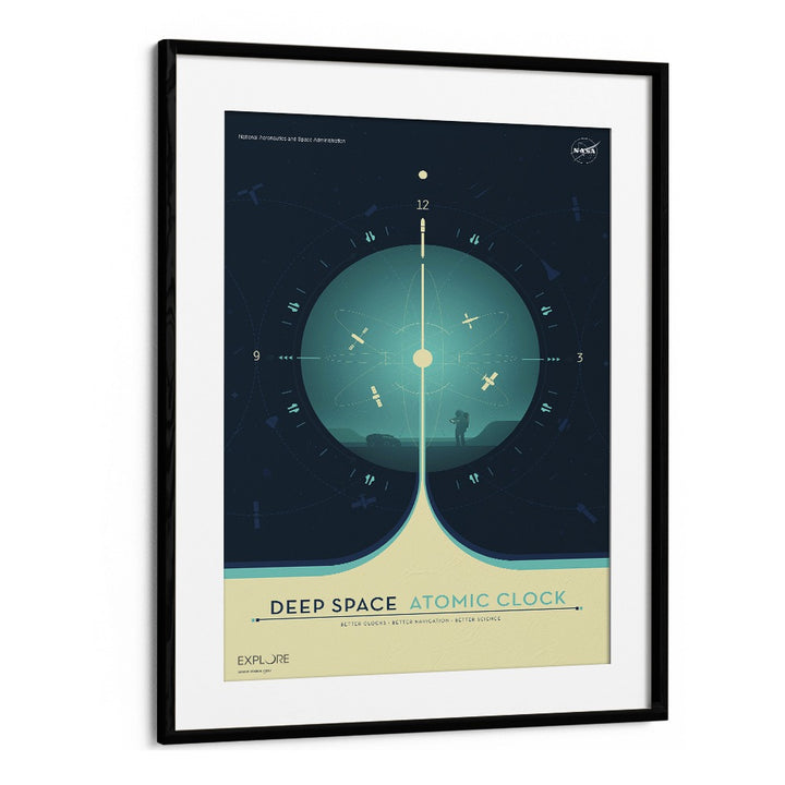 Deep Space Atomic Clock - Blue Astronaut & Nasa Paintings, Space Art Prints Artwork in Black Frame With Mount
