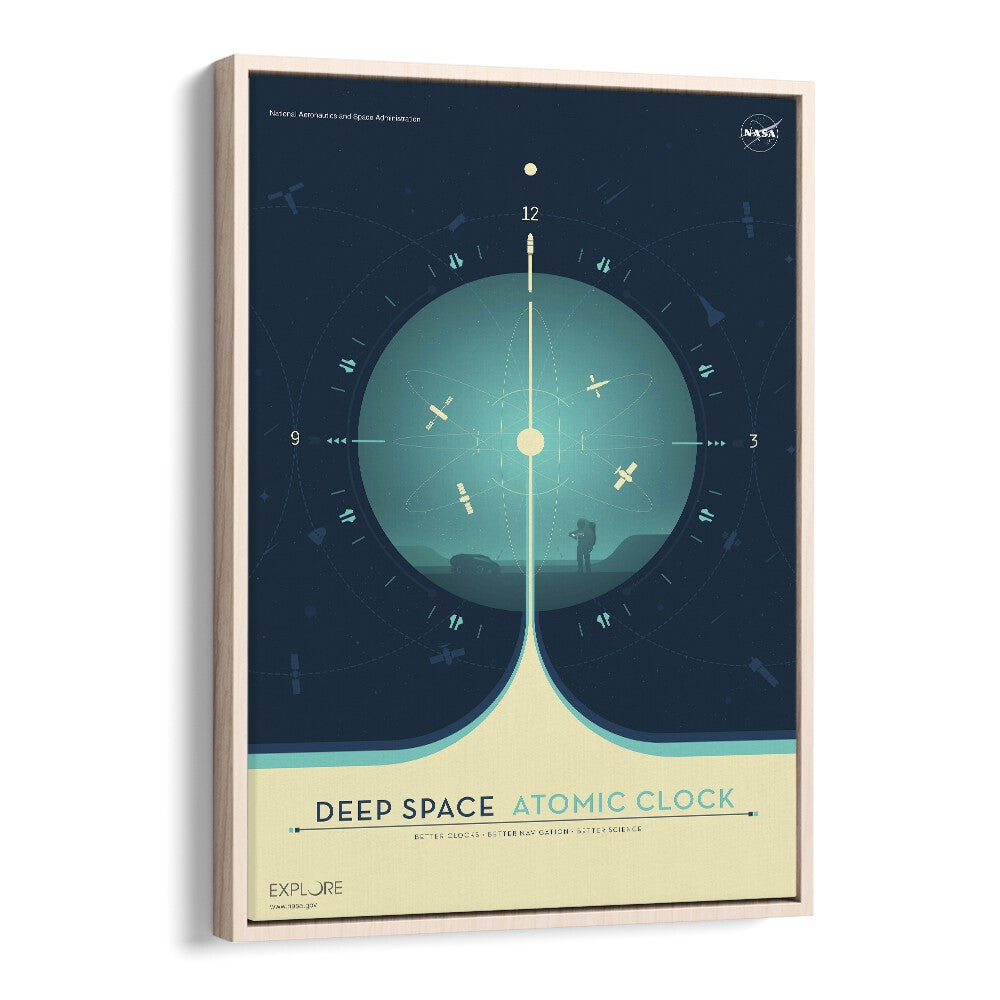 Deep Space Atomic Clock - Blue Astronaut & Nasa Paintings, Space Art Prints Artwork in Oak Wood Floater Frame
