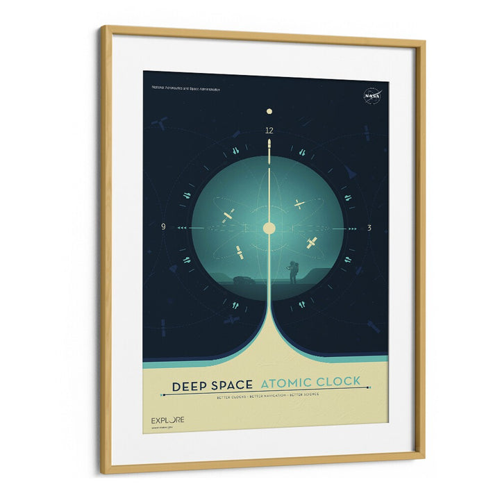 Deep Space Atomic Clock - Blue Astronaut & Nasa Paintings, Space Art Prints Artwork in Oak Wood Frame With Mount
