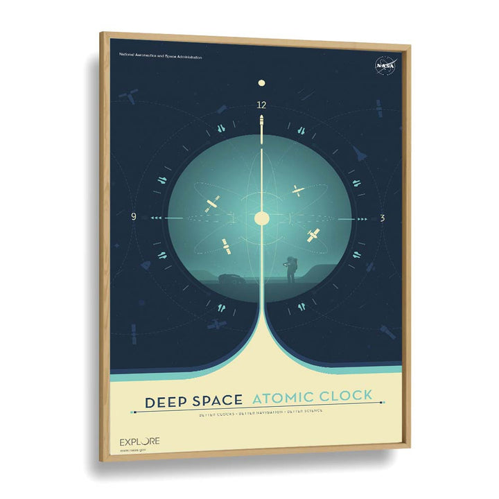 Deep Space Atomic Clock - Blue Astronaut & Nasa Paintings, Space Art Prints Artwork in Oak Wood Plain Frame
