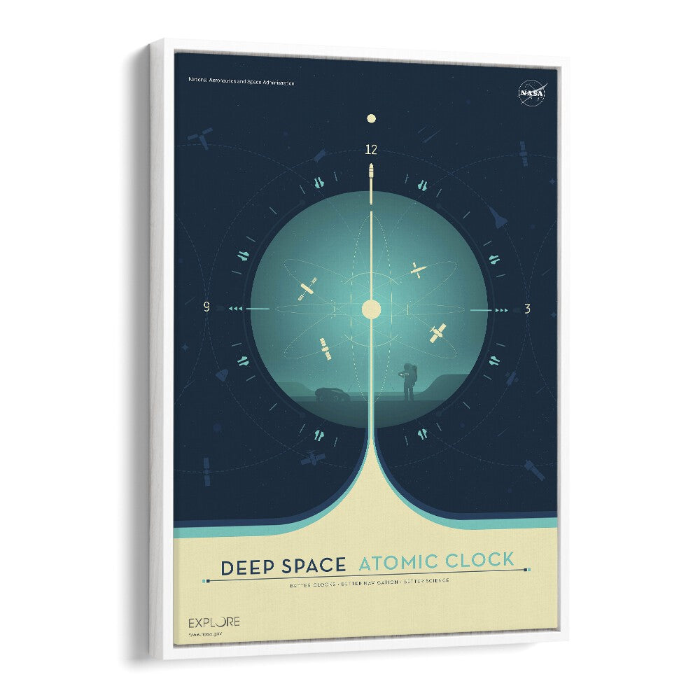 Deep Space Atomic Clock - Blue Astronaut & Nasa Paintings, Space Art Prints Artwork in White Floater Frame
