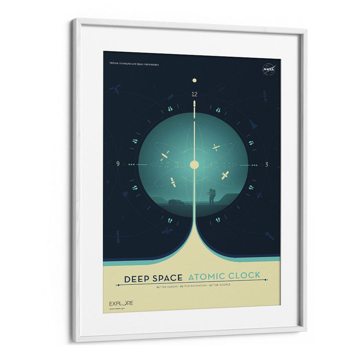 Deep Space Atomic Clock - Blue Astronaut & Nasa Paintings, Space Art Prints Artwork in White Frame With Mount
