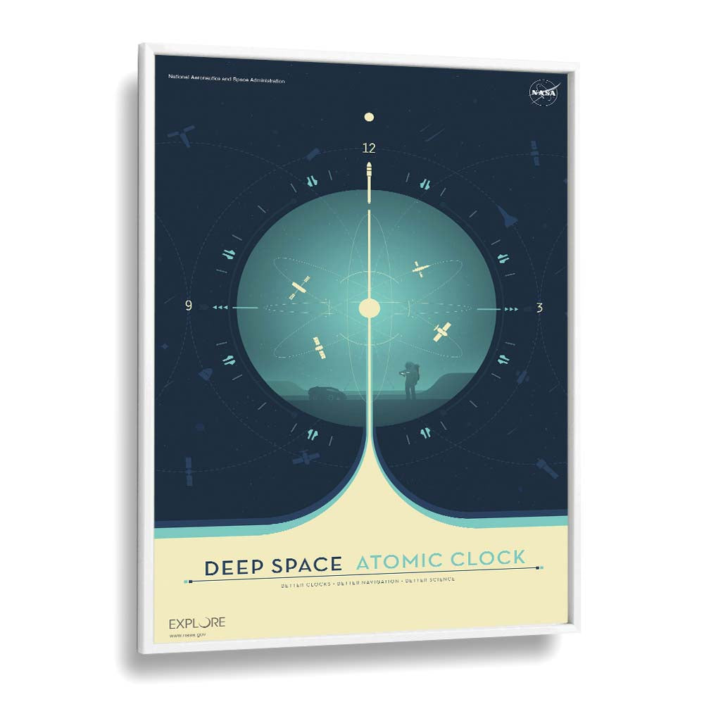 Deep Space Atomic Clock - Blue Astronaut & Nasa Paintings, Space Art Prints Artwork in White Plain Frame
