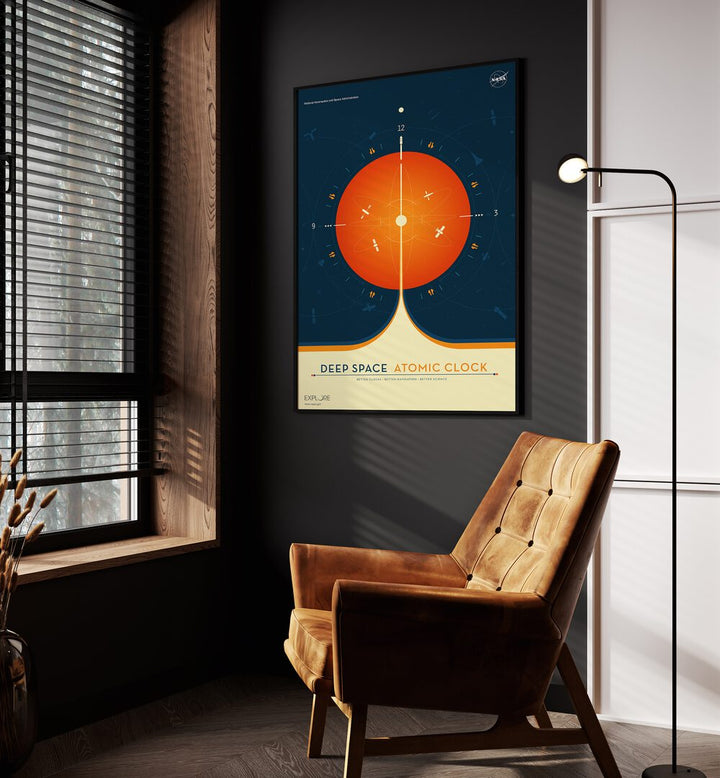 Deep Space Atomic Clock - Orange Astronaut & Nasa Paintings, Space Art Prints Artwork in Black Plain Frame placed on a Grey Colored Wall in the Drawing Room


