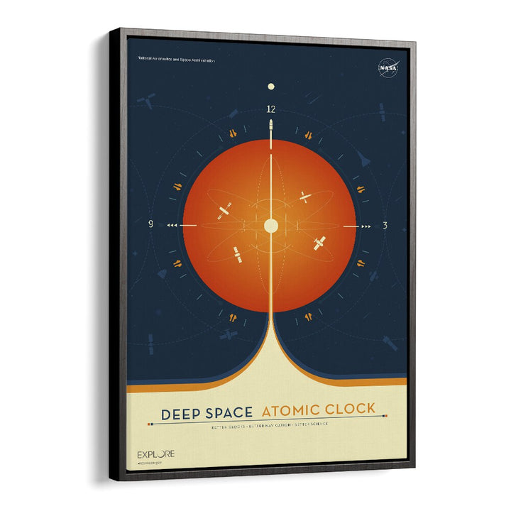 Deep Space Atomic Clock - Orange Astronaut & Nasa Paintings, Space Art Prints Artwork in Black Floater Frame
