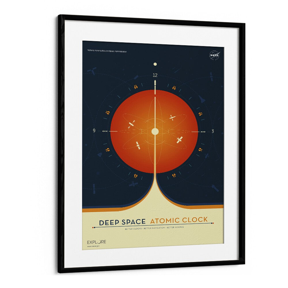 Deep Space Atomic Clock - Orange Astronaut & Nasa Paintings, Space Art Prints Artwork in Black Frame With Mount
