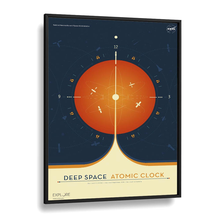 Deep Space Atomic Clock - Orange Astronaut & Nasa Paintings, Space Art Prints Artwork in Black Plain Frame
