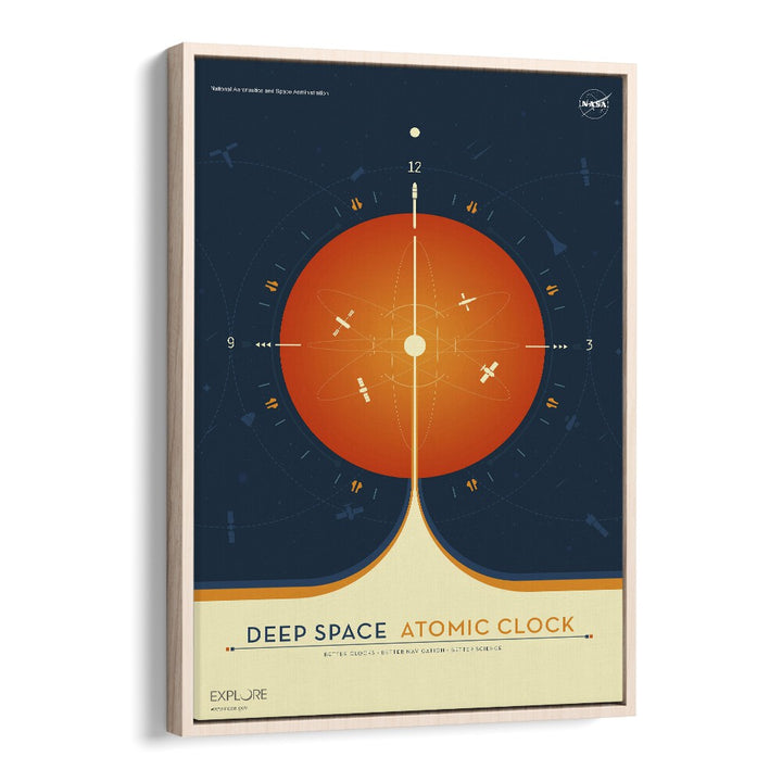 Deep Space Atomic Clock - Orange Astronaut & Nasa Paintings, Space Art Prints Artwork in Oak Wood Floater Frame
