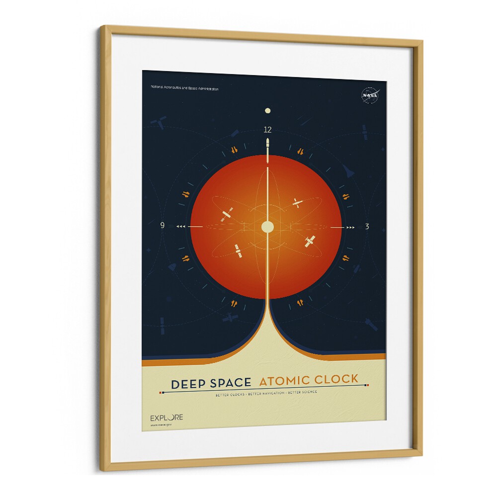 Deep Space Atomic Clock - Orange Astronaut & Nasa Paintings, Space Art Prints Artwork in Oak Wood Frame With Mount
