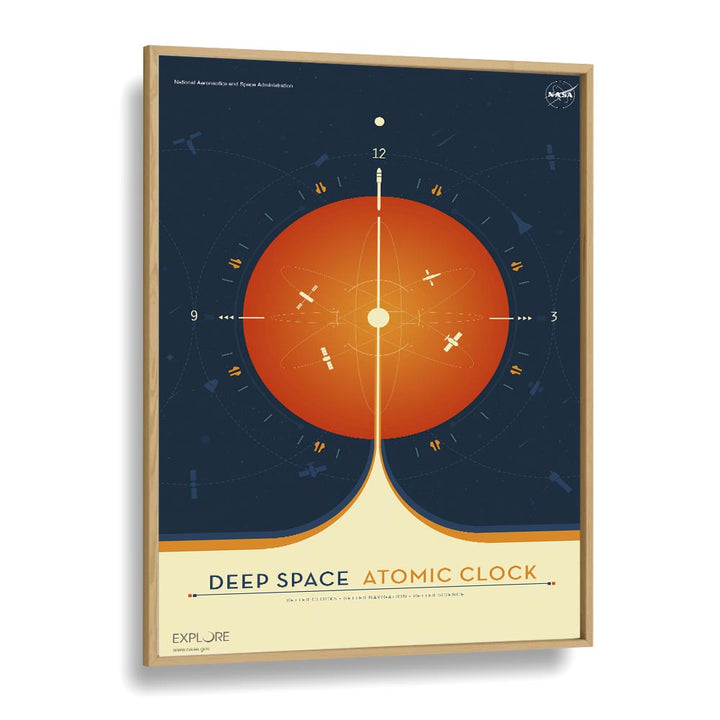 Deep Space Atomic Clock - Orange Astronaut & Nasa Paintings, Space Art Prints Artwork in Oak Wood Plain Frame
