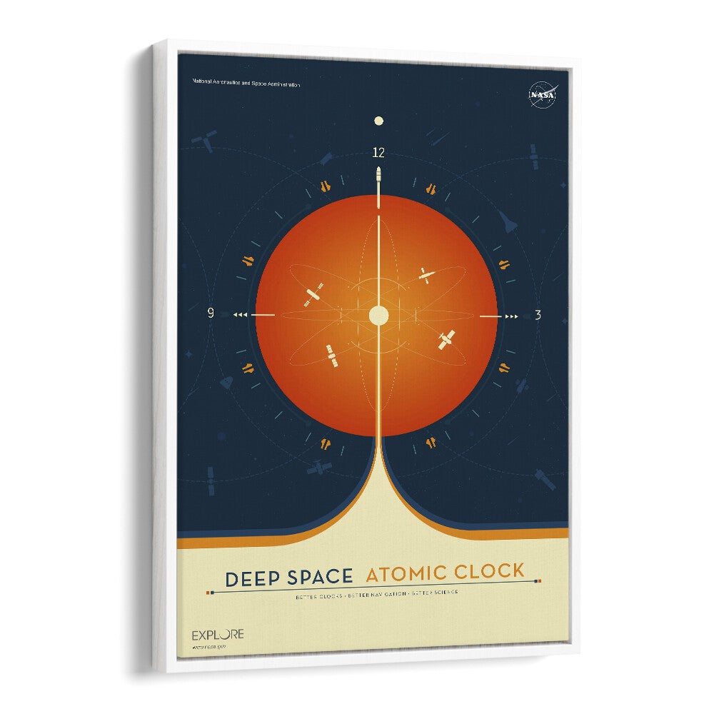 Deep Space Atomic Clock - Orange Astronaut & Nasa Paintings, Space Art Prints Artwork in White Floater Frame
