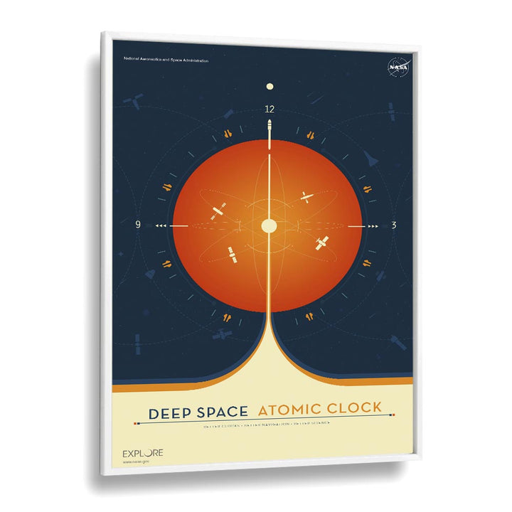 Deep Space Atomic Clock - Orange Astronaut & Nasa Paintings, Space Art Prints Artwork in White Plain Frame
