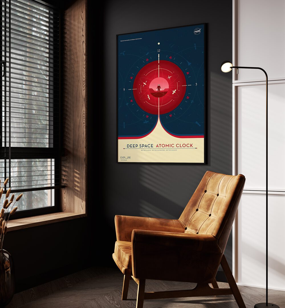 Deep Space Atomic Clock - Red Astronaut & Nasa Paintings, Space Art Prints Artwork in Black Plain Frame placed on a Grey Colored Wall in the Drawing Room

 
