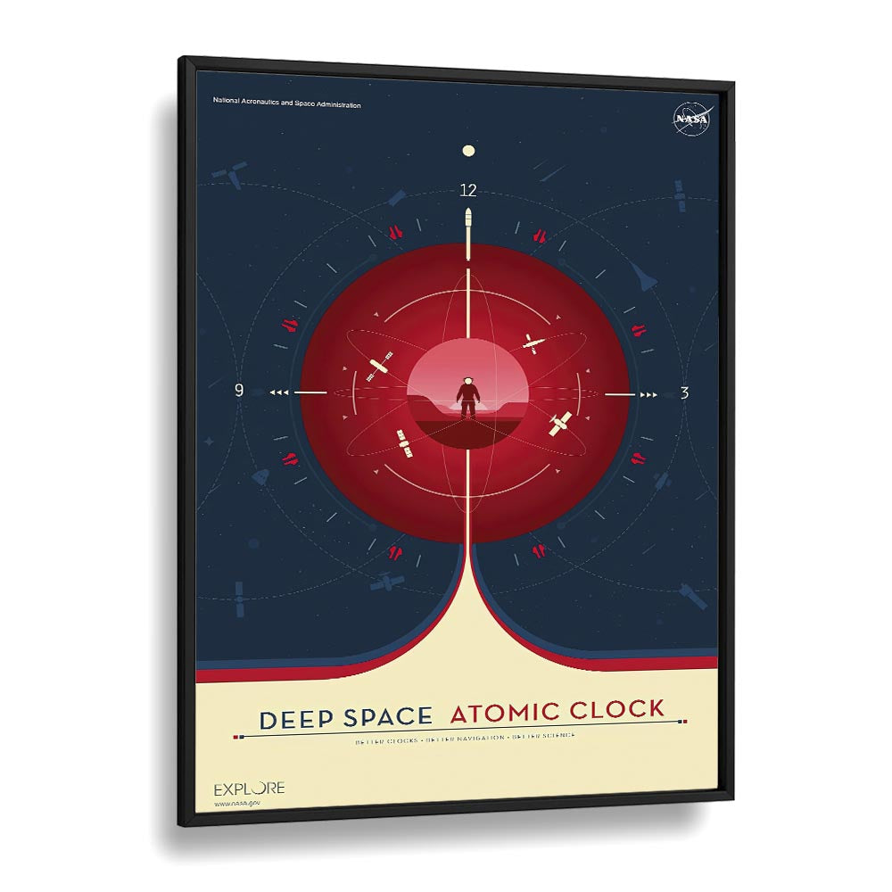 Deep Space Atomic Clock - Red Astronaut & Nasa Paintings, Space Art Prints Artwork in Black Plain Frame
