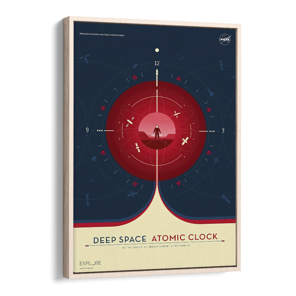 Deep Space Atomic Clock - Red Astronaut & Nasa Paintings, Space Art Prints Artwork in Oak Wood Floater Frame
