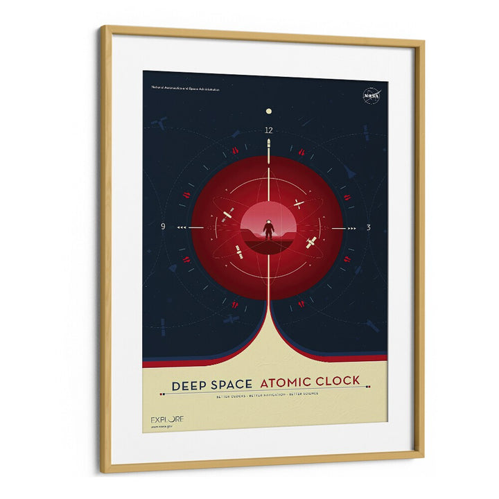 Deep Space Atomic Clock - Red Astronaut & Nasa Paintings, Space Art Prints Artwork in Oak Wood Frame With Mount
