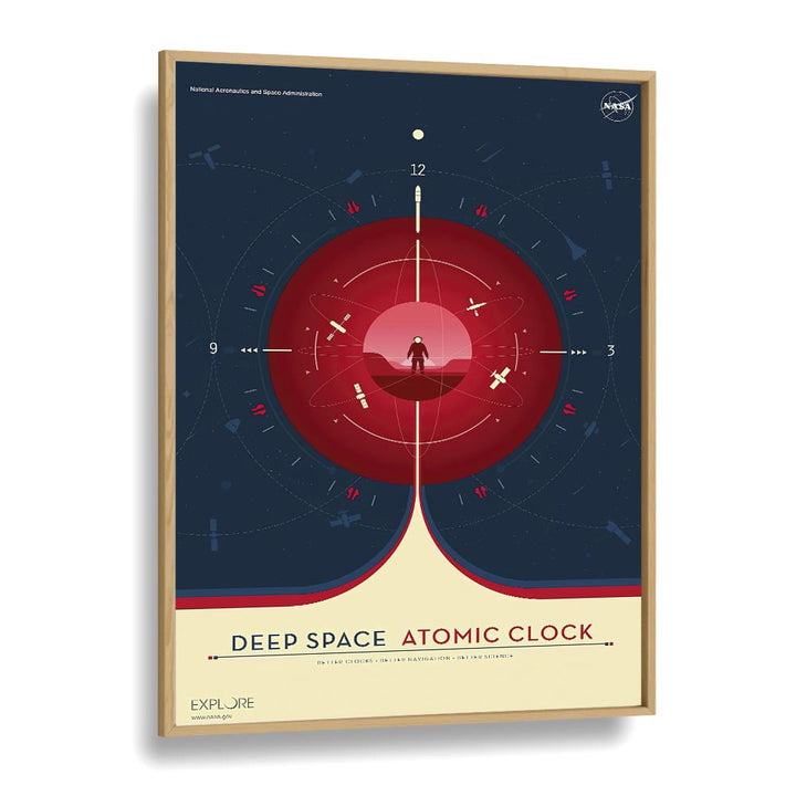 Deep Space Atomic Clock - Red Astronaut & Nasa Paintings, Space Art Prints Artwork in Oak Wood Plain Frame
